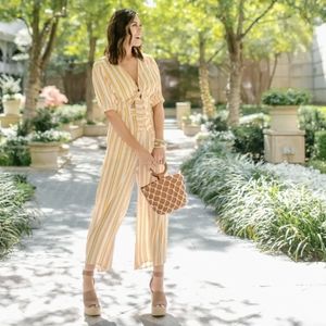 Faithfull The Brand Yellow Azure Stripe Jumpsuit Retro Vibes size Large